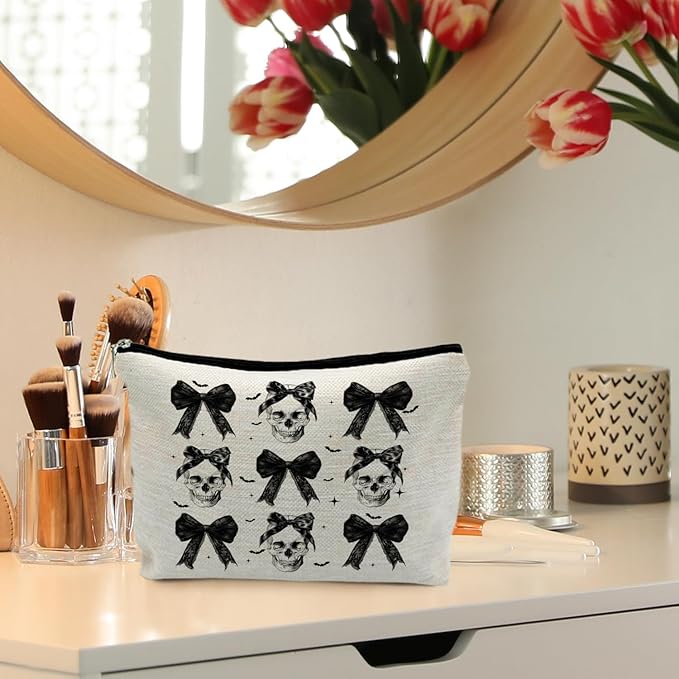 Coquette Gothic Halloween Makeup Bag, Dark Bow Skull Makeup Bag, Spooky Gifts for Women