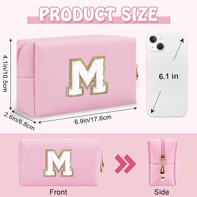 Small Travel Initial Preppy Makeup Bag, Personalized Pink Cute Cosmetic Organizer Chenille Letter Travel Toiltery Zipper Pouch, Waterproof PU Leather Make Up Case Mothers Day Gifts for Mom(Letter M)
