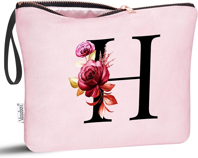 Vavabox A-Z Personalized Makeup Bag, Birthday Gifts for Women Mom, Gifts for Best Friend, Bride Bridesmaid Cosmetic bag (H, Pink)