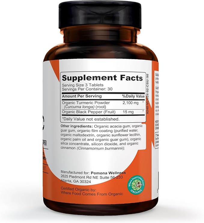 Pomona Wellness Organic Turmeric Supplement 2100 mg, USDA Organic, Non-GMO, Vegan, Turmeric Curcumin with Black Pepper for Absorption, for Joint Support and Immunity, 90 Tablets