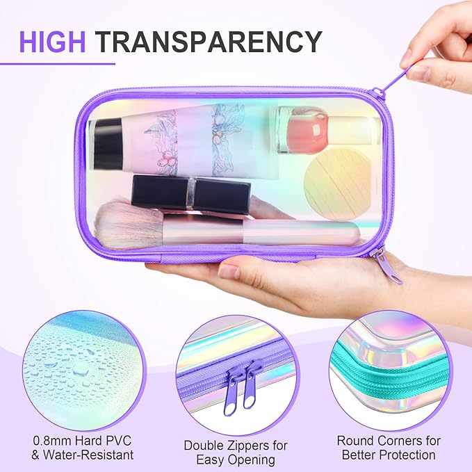 Sanwuta 6 Pcs Clear Hard Zipper Case Hard Plastic Zipper Pouches Makeup Bag Pencil Pouches Transparent Cases for Snacks Plastic Storage Organizer Box for Travel(Holographic,7.48 x 3.94 x 2 Inch)