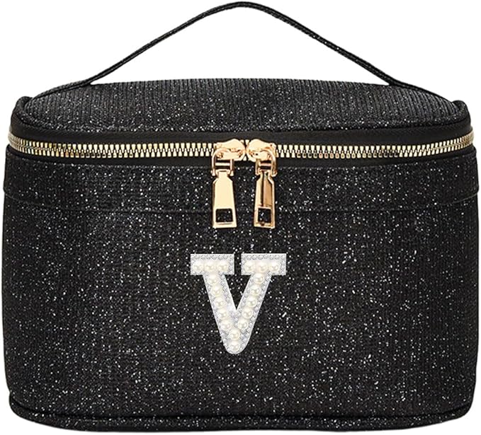 EURYNOME Makeup Bag with Custom Letter V, Water-Resistant Travel Organizer Pouch, (8.3x5.1x5.1 Inch) Cosmetic Case for Women