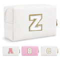 Small Personalized Initial A-Z Preppy Patch Makeup Bag,White PU Chenille Letter Travel Cosmetic Pouch with Zipper,Cute Toiletry Bag,Gift Ideal for Teen Girls Women Teacher Bridesmaid,Letter Z