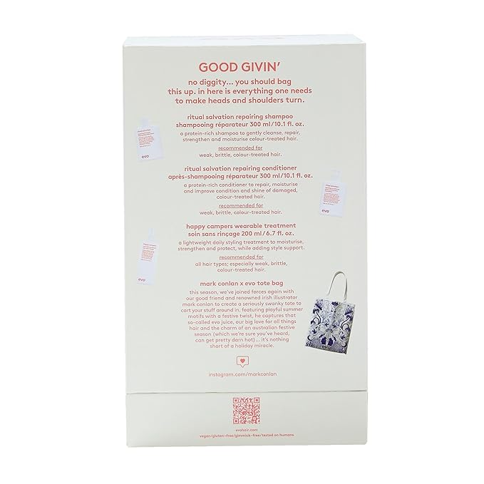 Evo Good Givin' Gift Set Repair Limited Edition Hair Care Gift Set Full Size Ritual Salvation Repairing Shampoo, Ritual Salvation Repairing Conditioner & Free Happy Campers Wearable Treatment
