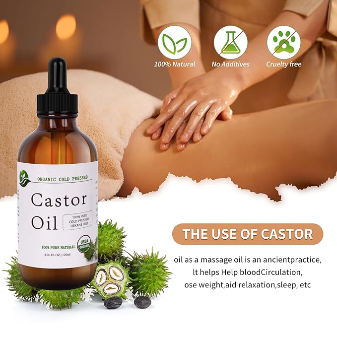 Castor Oil-Castor Oil Organic Cold Pressed Unrefined Glass Bottle-Organic Certified 100% Pure Castor Oil,Hexane Free,Organic Castor Oil for Face,Hair Growth,Eyelashes,Caster 4.23fl.oz/120ml