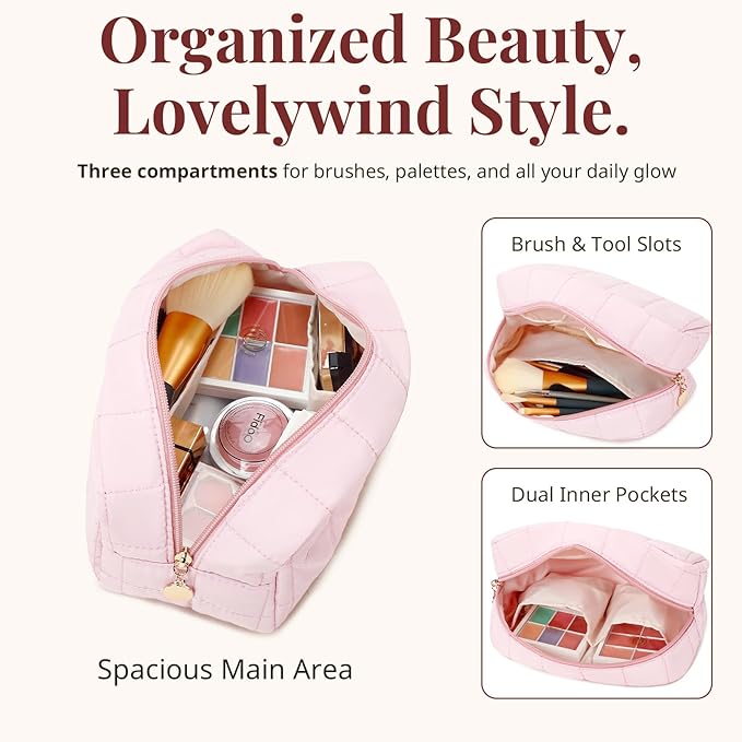 Makeup Bag for Women, Travel Cosmetic Bag Organizer with Compartments, Quilted Puffy Toiletry Pouch for Brushes, Essentials and Accessories, Pink