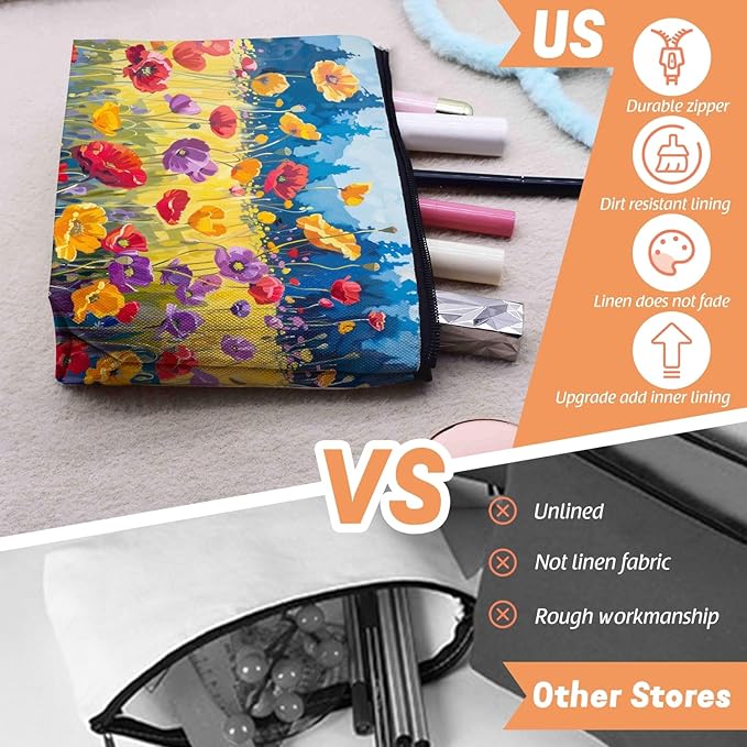 Cosmetic Bags Travel Makeup Toilet Case Waterproof Pouch for Women Girls 6.7X9.45inches - Oil Painting of A Colorful Poppy Field