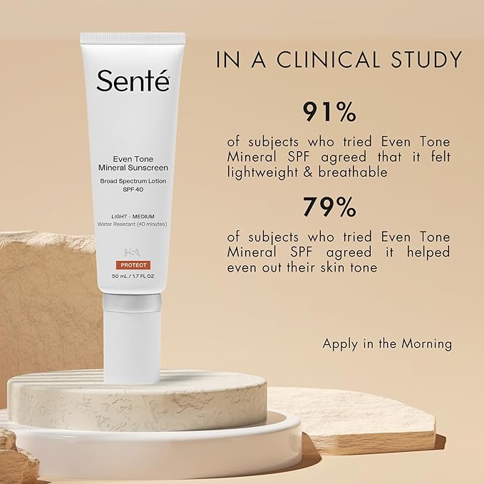 Senté Even Tone Mineral Sunscreen Tinted | SPF 40 Light-Medium | Hydrating, Lightweight Sun Protection Treatment for Redness & Discoloration | UVA/UVB & Blue Light Defense | 1.7 oz