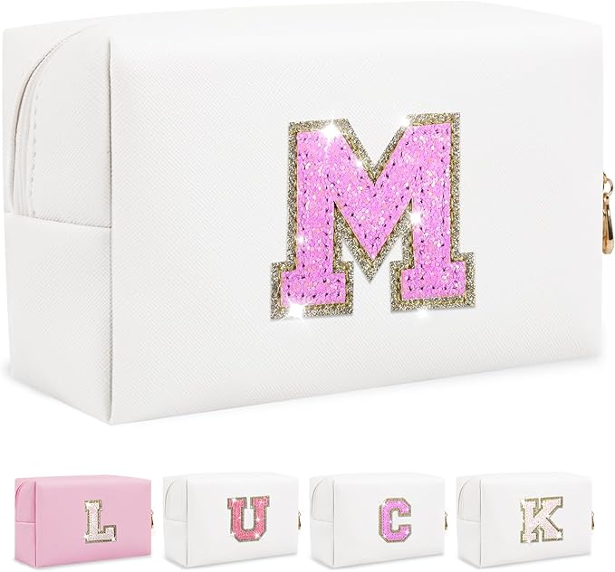 Initial Letter Patch Makeup Bag, Small Preppy A-Z Glitter Letter Cosmetic Bag, PU Leather Waterproof Travel Toiletry Bag, Cute Make Up Pouch Personalized Monogrammed Gift for Women Teen Girls