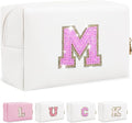 Initial Letter Patch Makeup Bag, Small Preppy A-Z Glitter Letter Cosmetic Bag, PU Leather Waterproof Travel Toiletry Bag, Cute Make Up Pouch Personalized Monogrammed Gift for Women Teen Girls