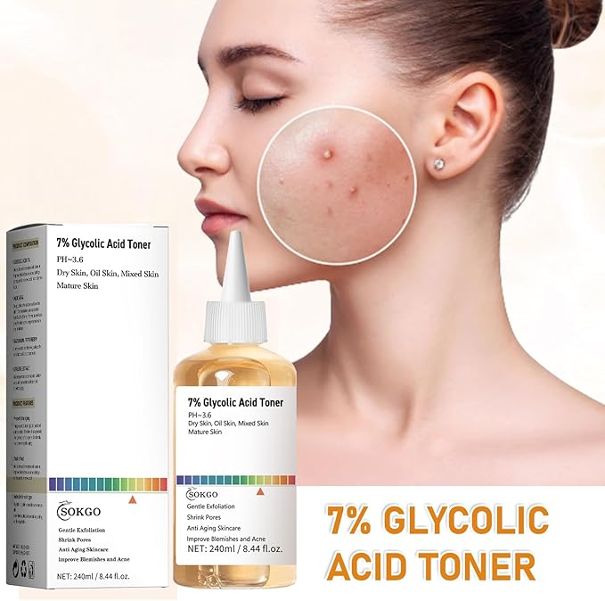 7% Glycolic Acid Exfoliating Toner, Exfoliating Facial Toner, Pore Minimizing Toner, Smooth Skin, Even Tone, Hydrating Formula
