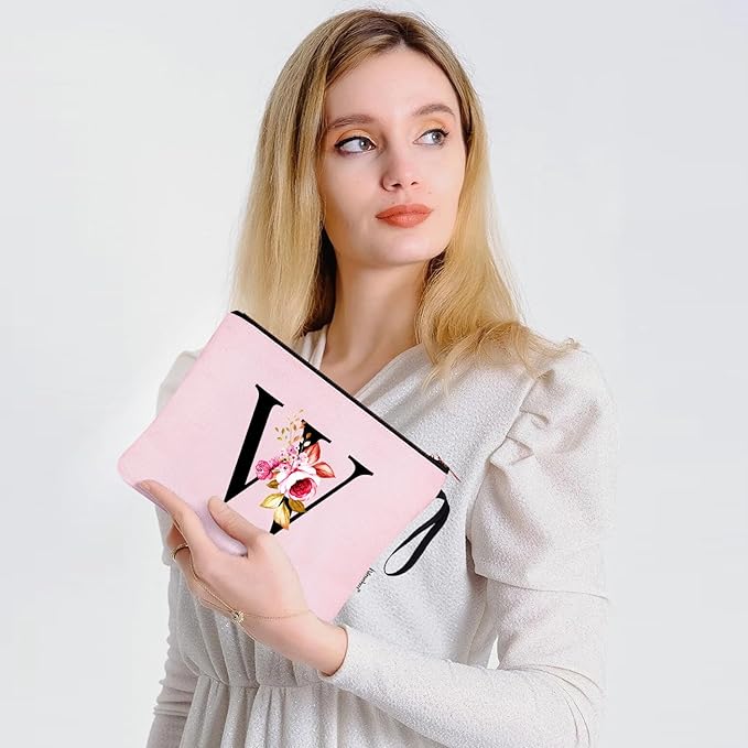 Vavabox A-Z Personalized Makeup Bag, Birthday Gifts for Women Mom, Gifts for Best Friend, Bride Bridesmaid Cosmetic bag (W, Pink)