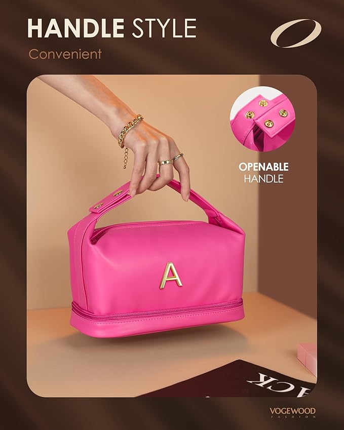 Gifts for Women, Makeup Bags with Handle, Initial Double Layer Cosmetic Bag with Makeup Brush Organizer, Cute Cosmetic Pouch for Women, Gifts for Daughter Friends Female Mom