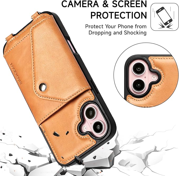 LUCKYCOIN Crossbody Wallet Phone Case for iPhone 16 Plus,100% Genuine Leather Wallet Phone Case with Expandable Flip Card Holder,Phone Purse for Women with Adjustable Removable Strap - Brown