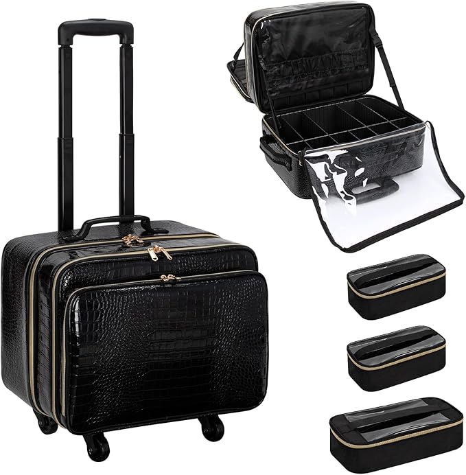 OCHEAL Rolling Makeup Train Case, 18" Carry On Travel Cosmetic Organizer Suitcase,Extra Large Trolley Makeup Storage Case On Wheels,3 Layers with 3pcs Traveling Bags for Hairstylist Cosmetology Artist