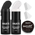 White Black Face Body Paint Stick Set with Translucent Setting Powder and Sponges, Professional Full Coverage Face Painting for Adults Halloween Cosplay SFX Skull Zombie Skeleton Goth Makeup