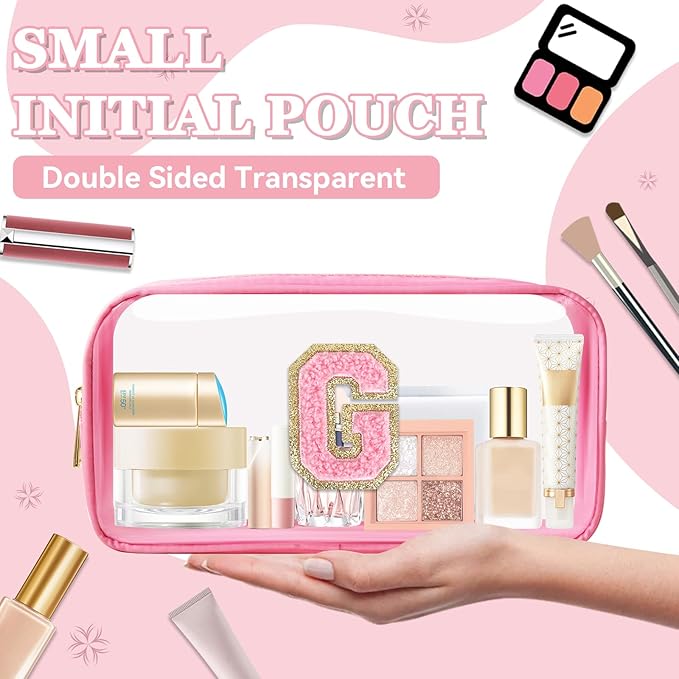 Small Clear Personalized Initial Makeup Bag,Nylon Preppy A-Z Chenille Letter Patch Cosmetic Pouch Beach Toiletry Bag,Waterproof Zipper Travel Purse Storage Bag Organizer for Women Girls(Pink-Pink G)
