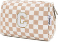 Narwey Birthday Gifts for Women Teen Girls Kids Personalized Initial Checkered Makeup Bag Cute Cosmetic Bag Trendy Stuff 6 8 10 11 12 13 14 16 18 Years Old Travel Toiletry Bag (Brown Letter C)