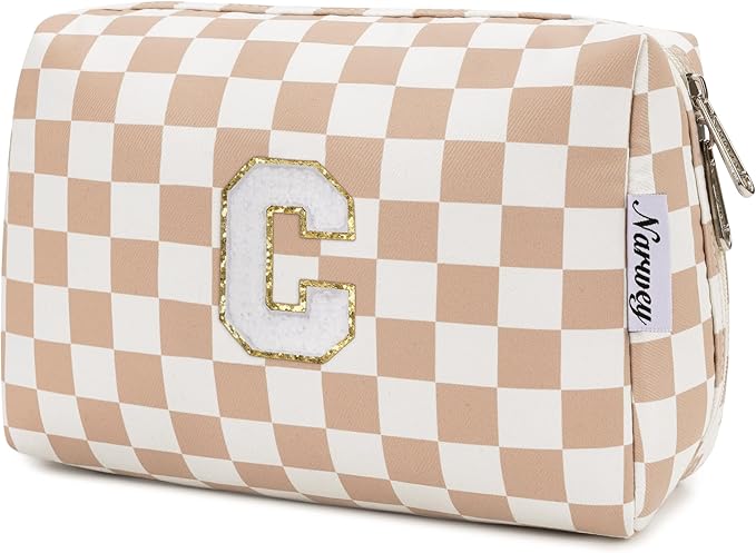 Narwey Birthday Gifts for Women Teen Girls Kids Personalized Initial Checkered Makeup Bag Cute Cosmetic Bag Trendy Stuff 6 8 10 11 12 13 14 16 18 Years Old Travel Toiletry Bag (Brown Letter C)