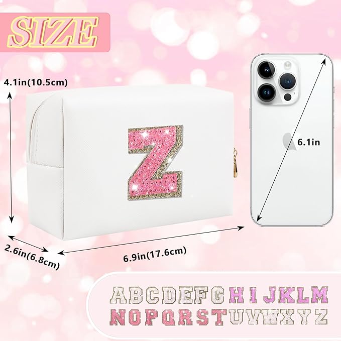 Initial Letter Patch Makeup Bag, Preppy Glitter Letter Pouch Cosmetic Bag,Small PU Travel Toiletry Bag Zipper,Personalized Monogrammed Gift for Friends Sister,Cute Stuff for Women Teen Girls(Letter Z)