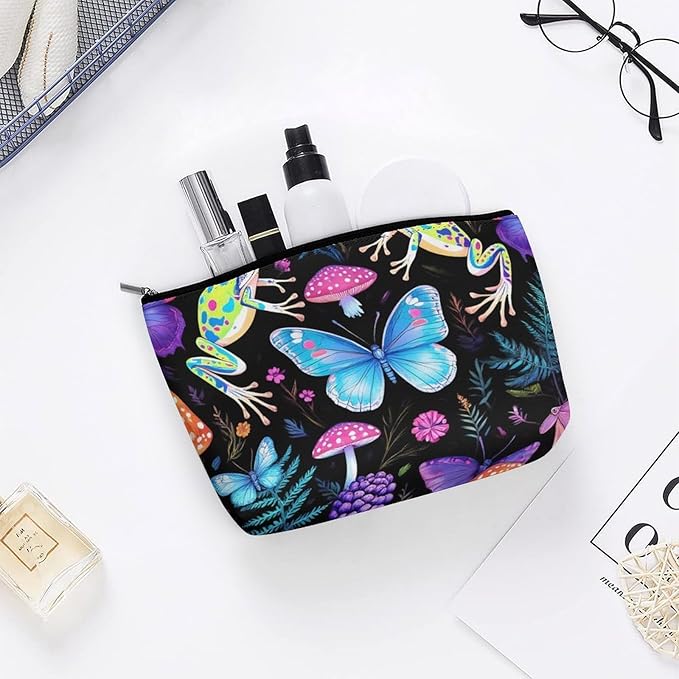 Small Zipper Cosmetic Case, Portable Makeup Case, Toiletry Bag, Travel Cosmetic Toiletry Bag Goth Moon Frogs Moth Butterfly Magical Mushroom Leaves