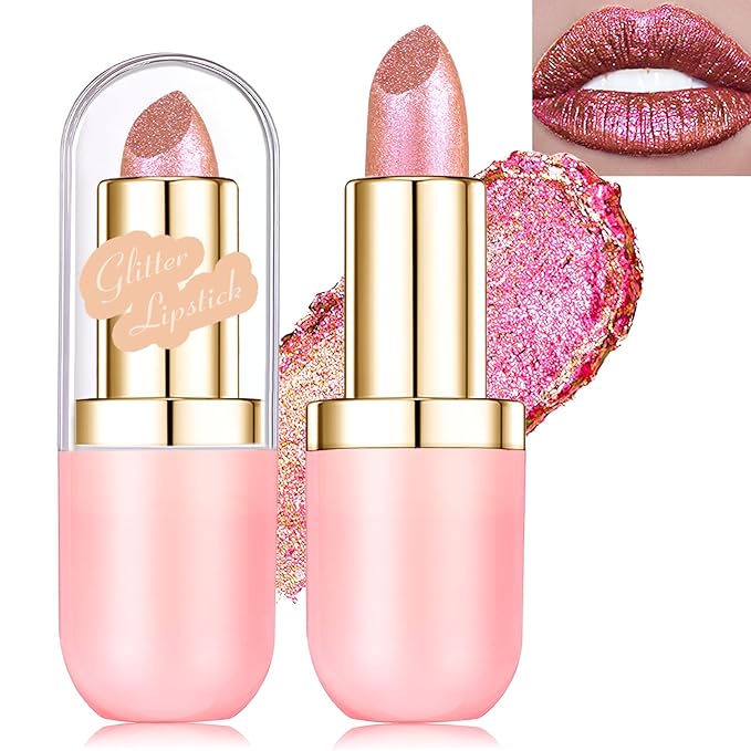 Glitter Lipstick Makeup, Rose Gold Holographic Metallic Lip Stick Long Lasting Lightweight Non-Sticky Hydrating Lip Tinted Full Coverage Sparkling Chameleon Lipstick for Women