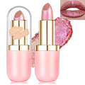 Glitter Lipstick Makeup, Rose Gold Holographic Metallic Lip Stick Long Lasting Lightweight Non-Sticky Hydrating Lip Tinted Full Coverage Sparkling Chameleon Lipstick for Women