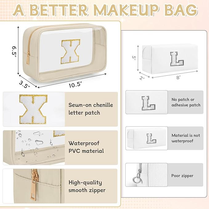 Personalized Initial Clear Makeup Bag, Travel Chenille Patch Cosmetic Bag, Preppy Toiletry Bag Monogram Cosmetic Pouch with Zipper, Ideal Gift for Teen Girls Women (Clear-Beige, X)