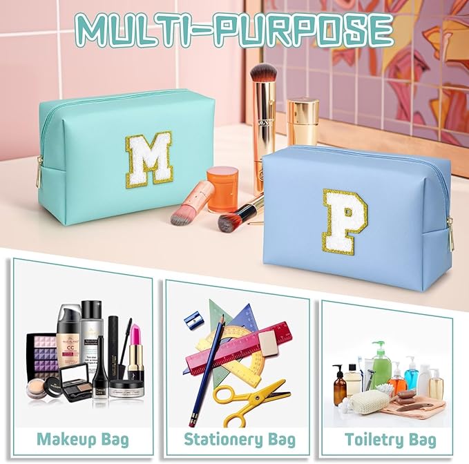 TOPEAST Personalized Birthday Gifts for Women, Preppy Patch Makeup Bag, Chenille Letter Pouch Cosmetic Bag, Travel Organizer, Birthday Gifts for Friends, Cute Stuff (Blue L)