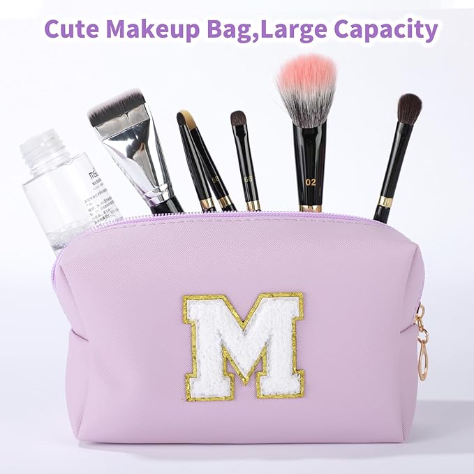 MSQ Personalized Makeup Bag Initial A-Z Patch Bag, PU Leather Cosmetic Bag Pouch Travel Toiletry Bag with Zipper, Gift Ideal for Teen Girls Friend Mom Women Birthday (Purple M)