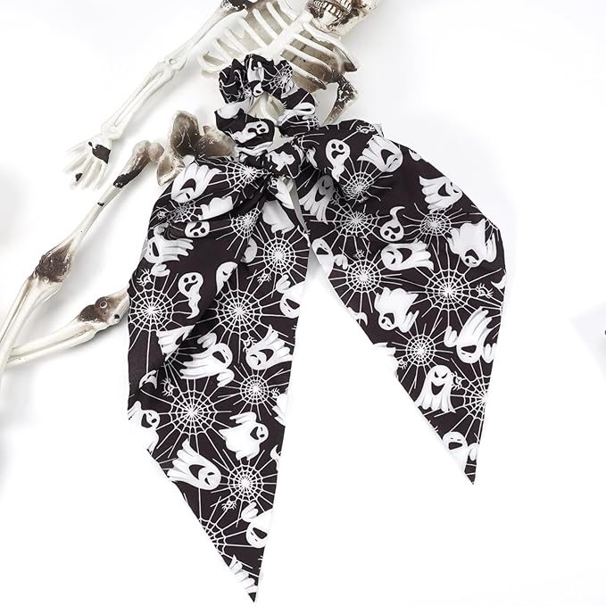 Halloween Hair Ties for Women Girls Spooky Ghost Spider Web Hair Scrunchies Black White Hair Tie Ribbon Hair Bows Halloween Party Gifts Hair Accessories