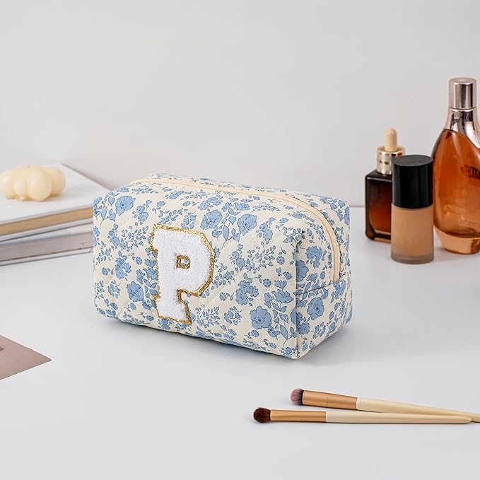 Gleyemor Personalized Initial Makeup Bag for Women, Cute Quilted Blue Floral Cotton Cosmetic Bag, Christmas Gifts for Her Mom Friend Sister Bridesmaid Teacher Women P