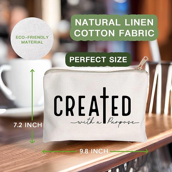 Created With a Purpose Women Makeup Bag Christian Decor Self Love Gift Toiletry Bag Religious Faith Cosmetic Pouch Linen Cotton Inspirational Multi-Purpose Bag Gift
