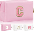 Personalized Initial Letter Patch Makeup Bag, Preppy Small Chenille Cosmetic Bag with Zipper, PU Leather Waterproof Travel Toiletry Bag Monogram Make Up Pouch for Women Girls