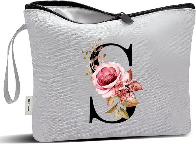 Vavabox A-Z Personalized Makeup Bag, Birthday Gifts for Women Mom, Gifts for Best Friend, Bride Bridesmaid Cosmetic bag (S, Grey)