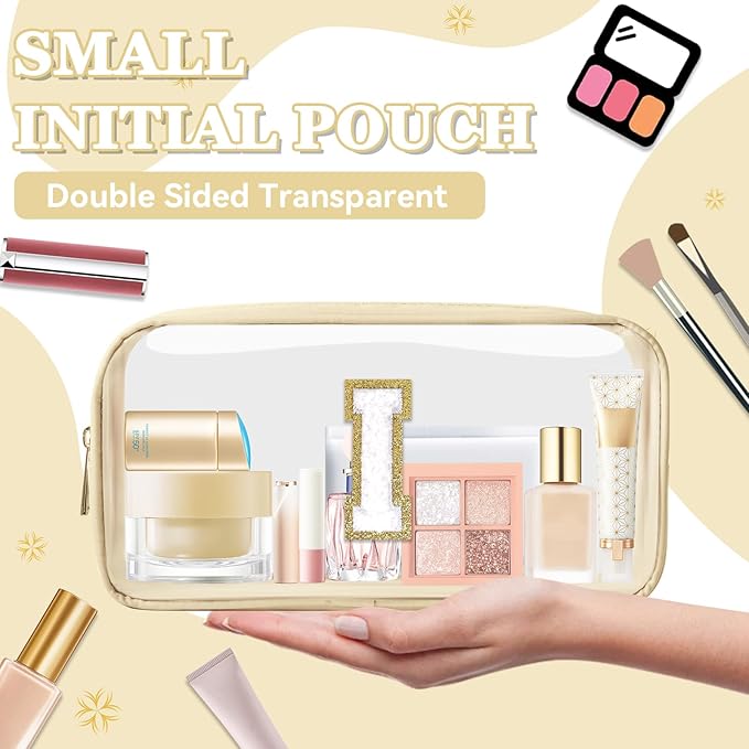Small Clear Personalized Initial Makeup Bag,Nylon Preppy A-Z Chenille Letter Patch Cosmetic Pouch Beach Toiletry Bag,Waterproof Zipper Travel Purse Storage Bag Organizer for Women Girls(Beige-White I)