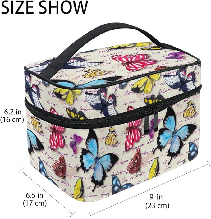 Makeup Bag, Vintage Butterfly Hand Written Text Travel Makeup Organizer Bag Cosmetic Cases Toiletry Bags for Girl Women Ladies
