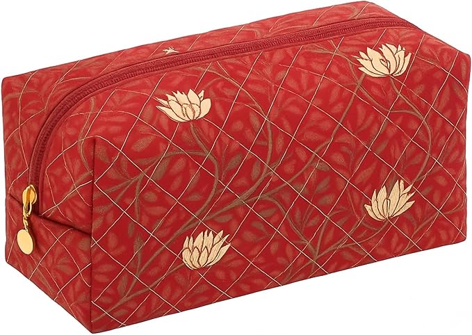 Floral Cotton Makeup Brush Cosmetic Bag for Women, Travel Quilted Zipper Pouch, Large Capacity Flowers Toiletry Organizer, Kawaii Makeup Storage Case, Cosmetic Travel Cloth Bag-Garden Red