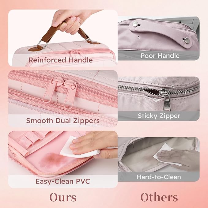 MOKURA Quilted Makeup Bag, Large Capacity Cosmetic Bag with Jewelry Organizer, Portable Make up Pouch, Waterproof Travel Toiletry Case with Compartments, Gifts for Women Girls, Pink