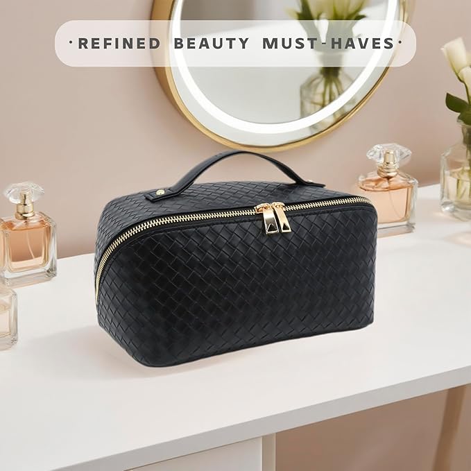 Travel Makeup Bag – Large Cosmetic Organizer with Waterproof PU Leather, Smooth Double Zipper & Tear-Resistant Lining, Toiletry Pouch for Women (Black)