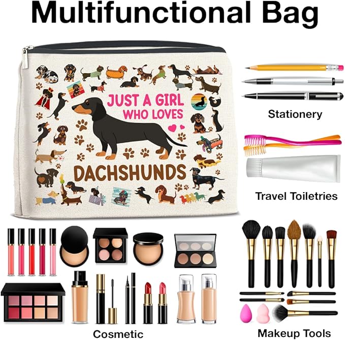 Dachshund Gifts Makeup Bag Weiner Dog Gifts for Girl Women Dog Lovers Cosmetic Bag Just a Girl Who Loves Dachshund Zipper Makeup Pouch Gift