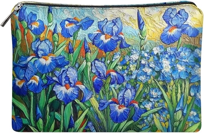 COEQINE Leather Cosmetic Purses for Women Wedding Floral Makeup Bag Organizer Portable Travel Lisptic Pouch With Zipper Womens Evening Wedding Party Cosmetic Purse Wallet,Iris Floral Art Print