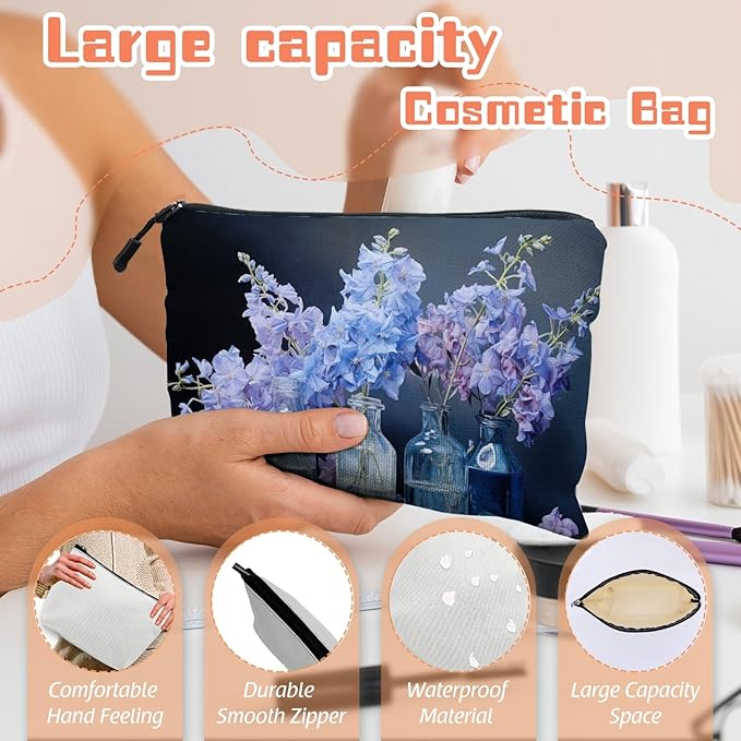 Cosmetic Bags Travel Makeup Toilet Case Waterproof Pouch for Women Girls 6.7X9.45inches - Still - Life of Blue - Purple Flowers in Glass Bottles