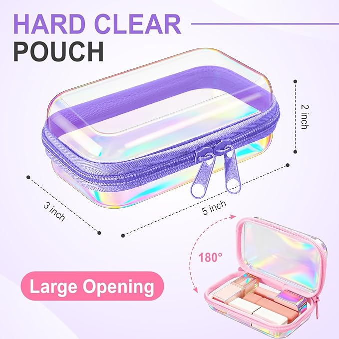 Sanwuta 6 Pcs Clear Hard Zipper Case Hard Plastic Zipper Pouches Makeup Bag Pencil Pouches Transparent Cases for Snacks Plastic Storage Organizer Box for Travel(Holographic,5 x 3 x 2 Inch)