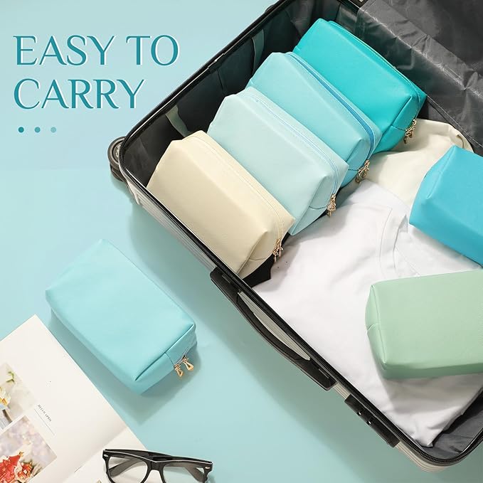 Sanwuta 9 Pcs Makeup Bags Bulk PU Double Zippers Cosmetic Bag Makeup Toiletry Christmas Small Pouch Portable Travel Organizers Case for Women Bridesmaid Party End of The Year(Blue and Green Color)