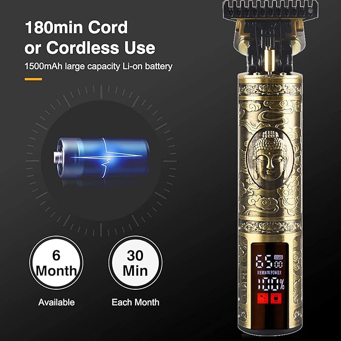 Professional Hair Clippers for Men Electric Haircut Kit Hair Trimmer Grooming Waterproof Rechargeable Close Cutting T Blade Trimmer USB Rechargeable Clippers for Hair Cutting (LED-Vintage Gold)