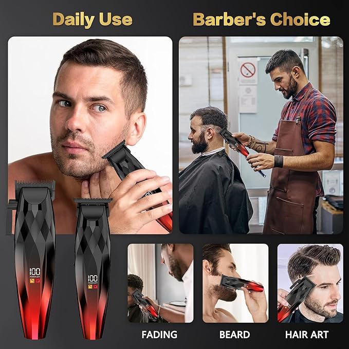 2-in-1 Professional Hair Clippers Set,Cordless Hair Clippers and T-Blade Trimmer Kit for Men,LCD Display,USB Rechargeable,Adjustable Guards,Waterproof,Beard & Body Grooming Kit (Red)