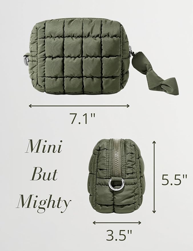 Yarnic Quilted Makeup Bag Cosmetic Bag, Travel Toiletry Bag for Women, Cute Makeup Bag Organizer Puffer Makeup Pouch (S, Olive Green)