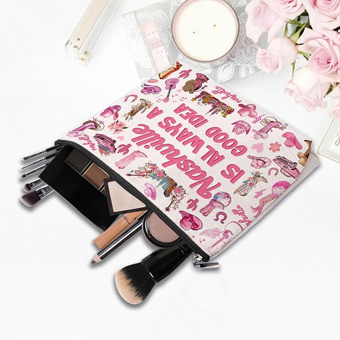Nashville Travel Gifts Makeup Bag, Nashville Lover Accessories Souvenirs, Country Music Gifts for Traveller Women Friends, Birthday Bachelorette Party Favors Women Trip Cosmetic Bag Pouch