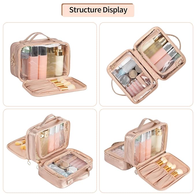 OCHEAL Clear Makeup Bag, Double Layer Cosmetic Bag, Large Capacity Minimalist Cosmetic Case for Women Travel Beauty Essentials, Multiple Compartments Makeup Case Organizer Zipper Pouch -Rose Glod